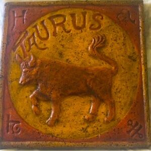 Boho MCM TAURUS astrological, carved wall sculpture, artesan-made, on wood 11…